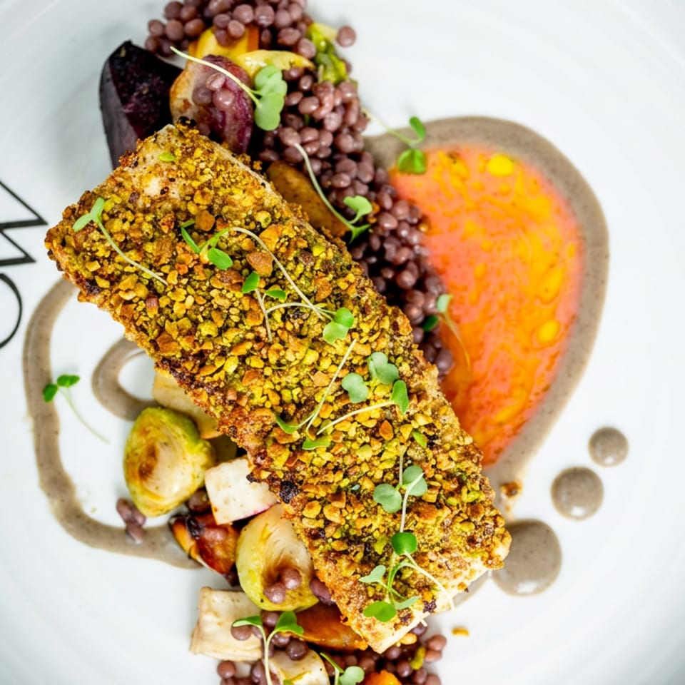 Pistachio-crusted fish with roasted vegetables, lentils, and sauces on a white plate.