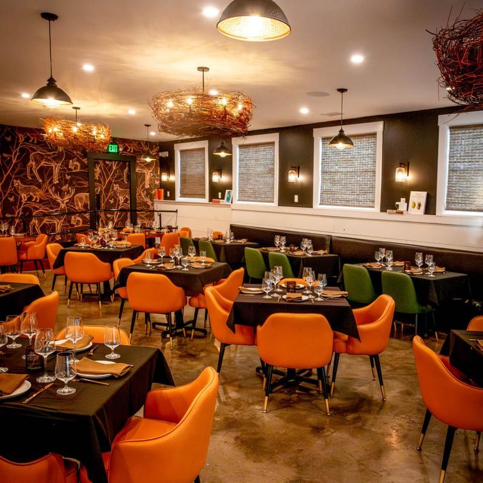 Modern restaurant dining room with orange and green chairs, black tables, and deer-patterned wallpaper.
